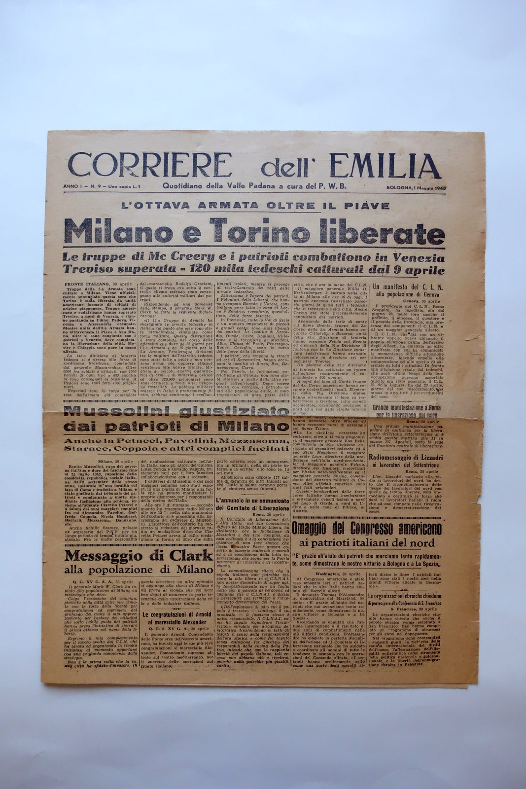 Milano e Torino Liberate Ottava Armata Corriere dell'Emilia Bologna 1/5/1945 …