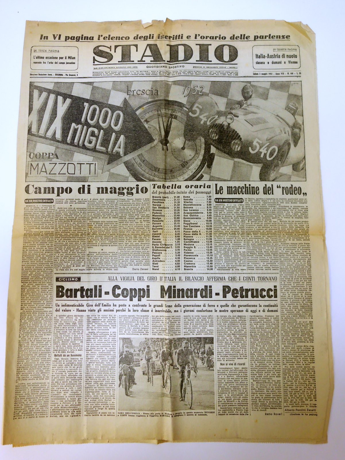 MILLE MIGLIA XIX 1952 PARTENZA BRESCIA COPPI BARTALI STADIO 3/5/1952 …