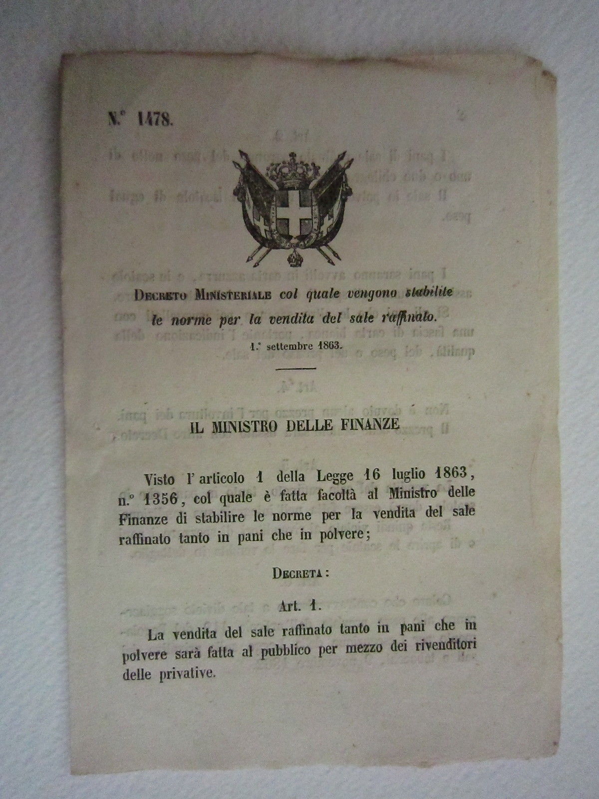 Ministeriale Decreto Diritto Norme Sale Vendita Raffinato 1863 Bollettino Leggi