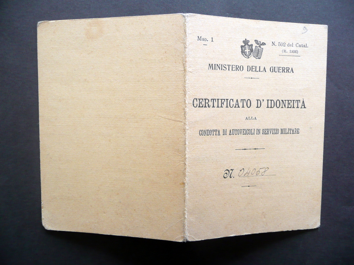 Ministero della Guerra Certificato Idoneit‡ Condotta Autoveicoli 1930 Militaria