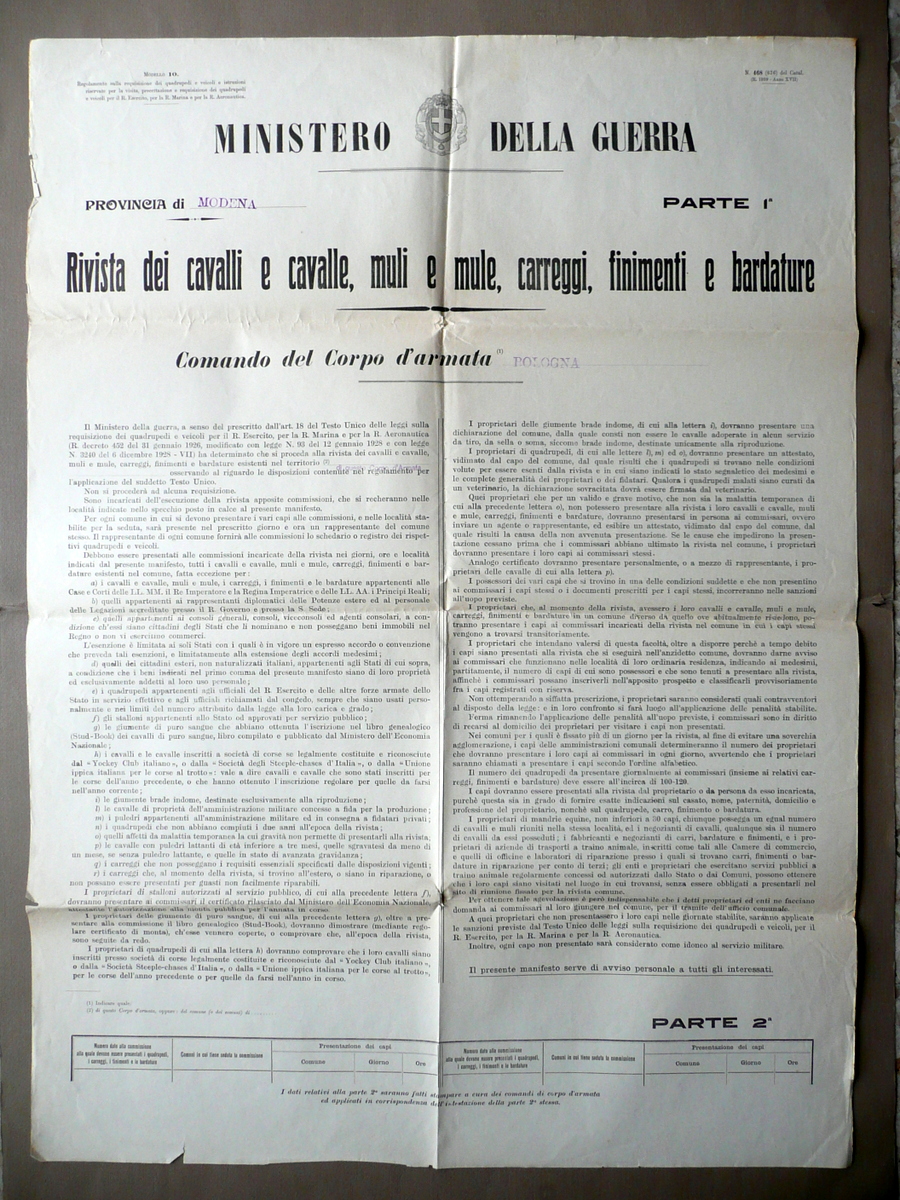 Ministero della Guerra Rivista Cavalli Muli Carreggi Finimenti Bardature 1939