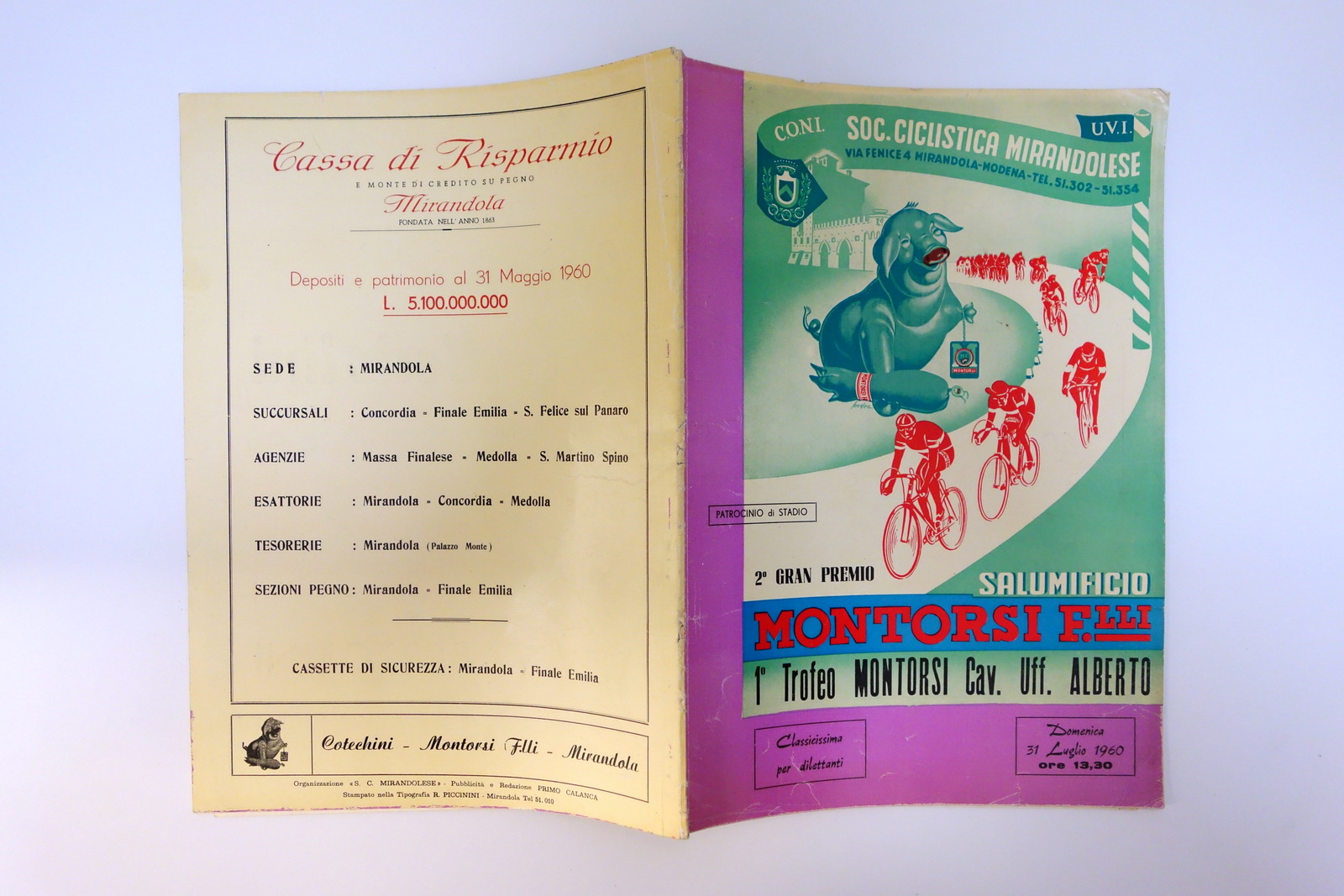 Mirandola Soc. Ciclistica Mirandolese 1°Trofeo Montorsi 2°Gran Premio 1960 Raro