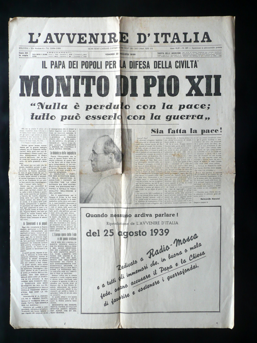 Monito Papa Pio XII L'Avvenire d'Italia 1939 Fac Simile Locandina …