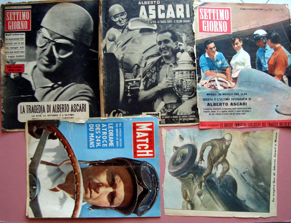Morte Ascari Miscellanea fogli di giornali Copertine Fangio Le Mans …