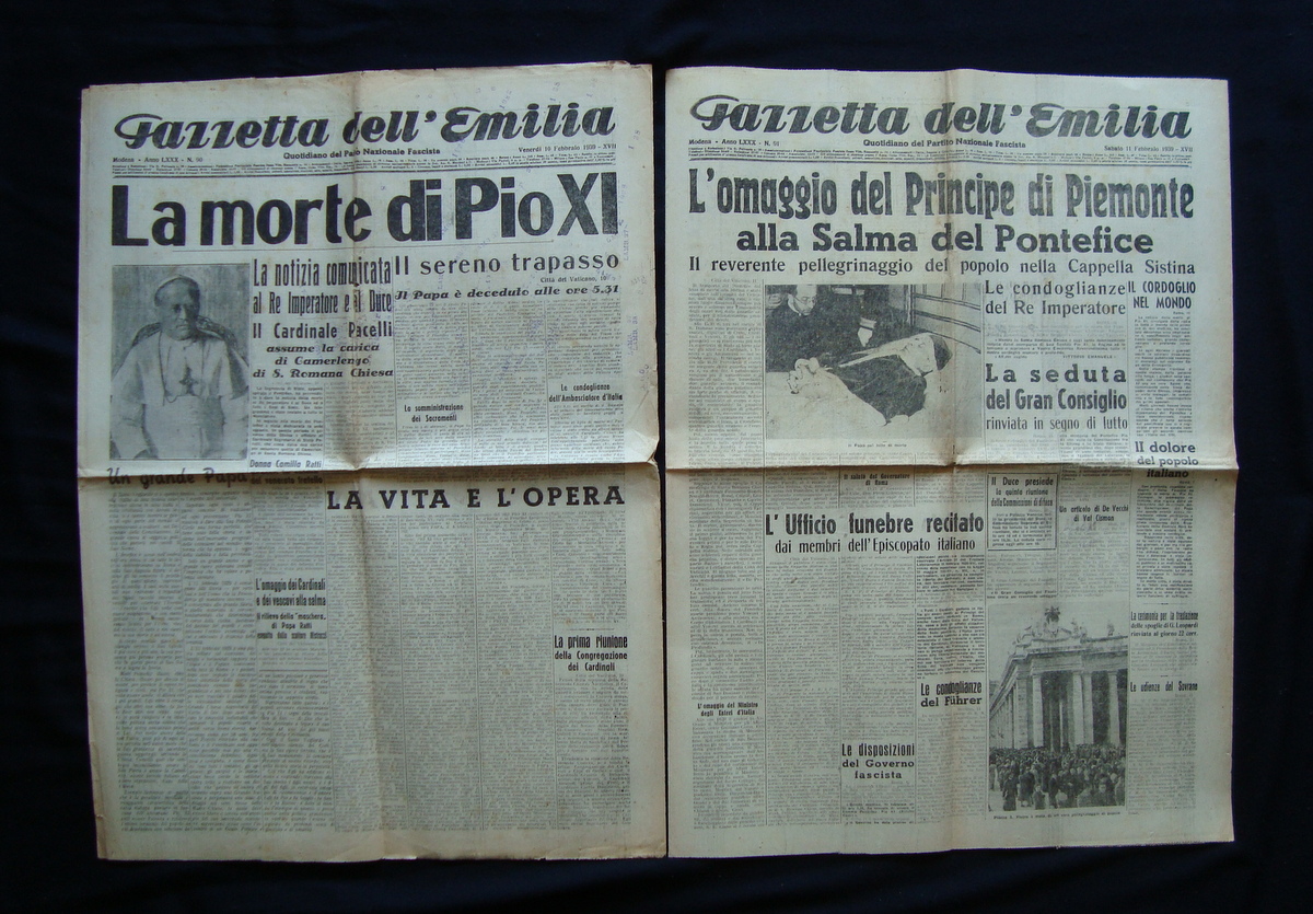 Morte di Pio XI due numeri Gazzetta dell' Emilia 90 …