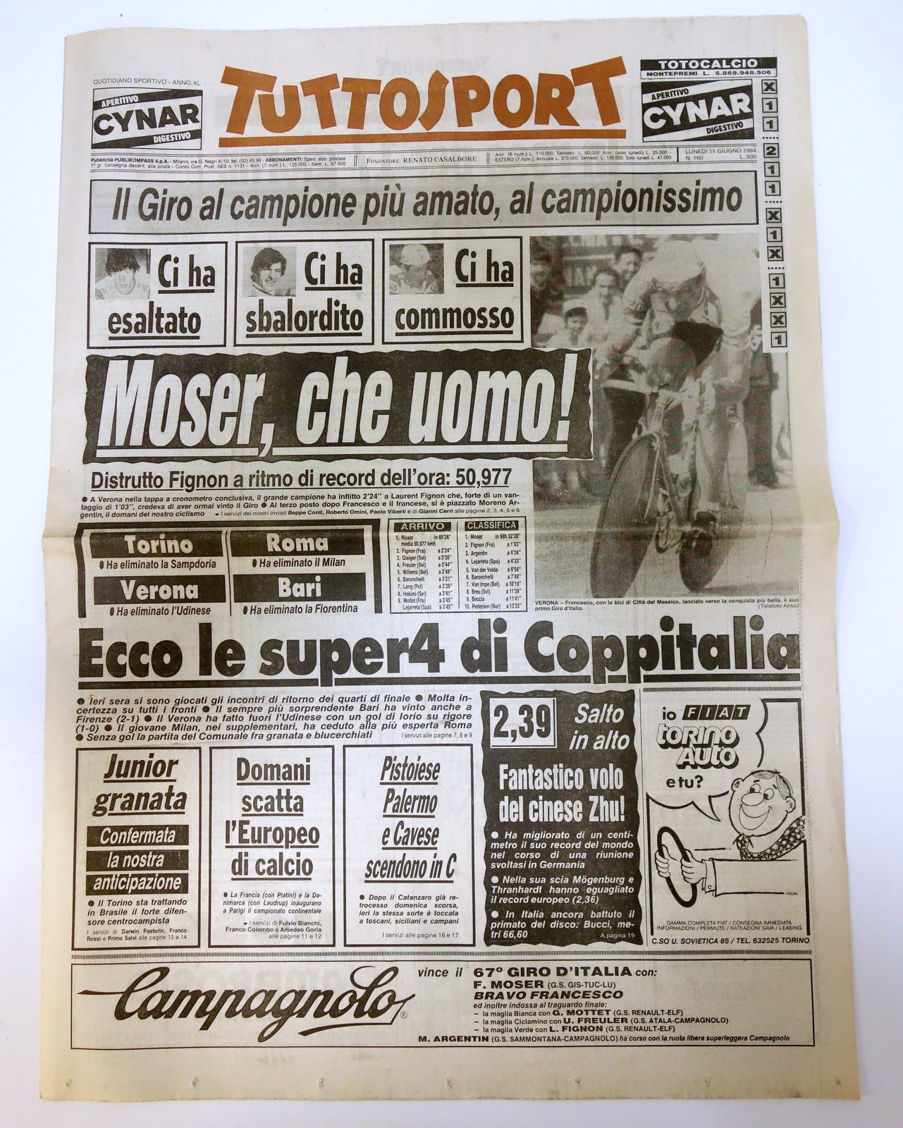 MOSER, CHE UOMO! VITTORIA GIRO D'ITALIA TUTTOSPORT 11/6/1984 COMPLETO