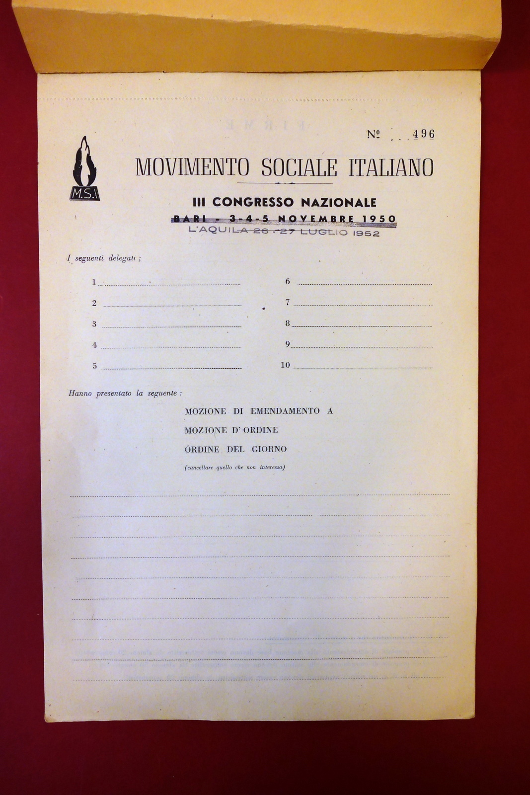 Movimento Sociale Italiano MSI 7 Moduli III Congresso Nazionale L'Aquila …