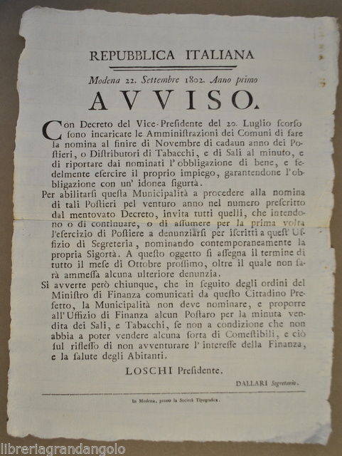 Napoleonica Regno Repubblica Italia Postieri Sali Tabacchi Licenza Vendita 1802