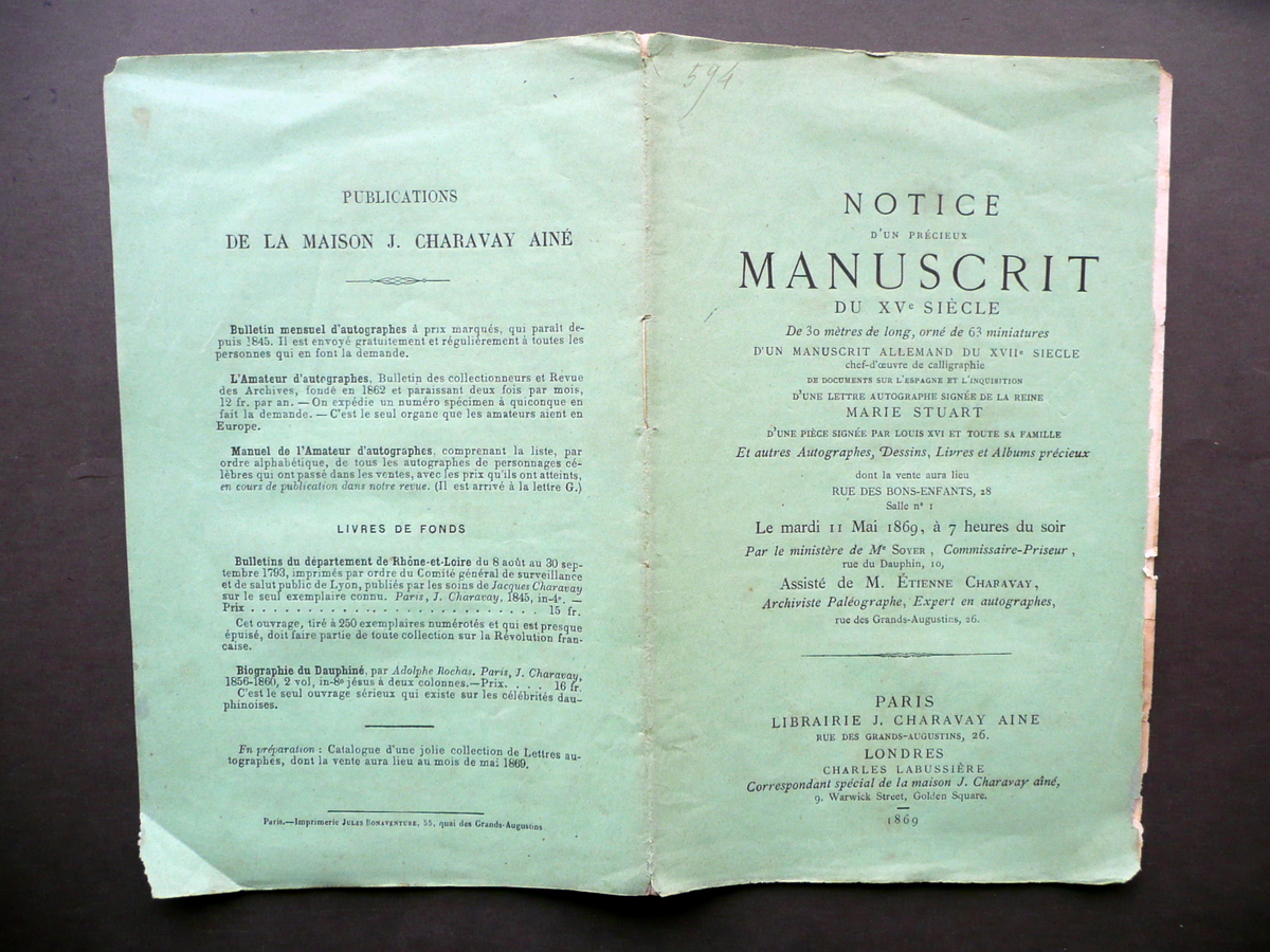 Notice d'un Precieux Manuscrit Autographe Maria Stuart Catalogo Asta Parigi …