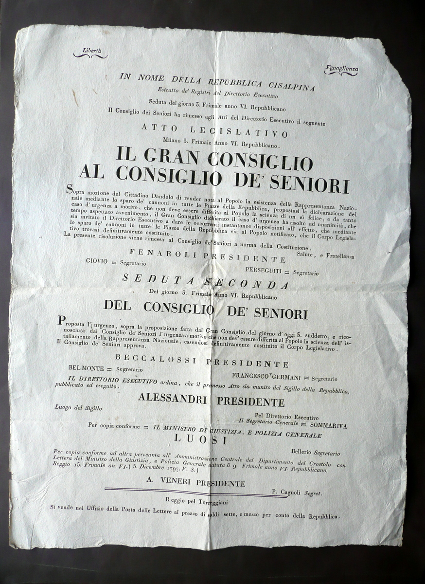 Notificazione Annuncio Costituzione Corpo Legislativo Sparo Cannoni Reggio 1797