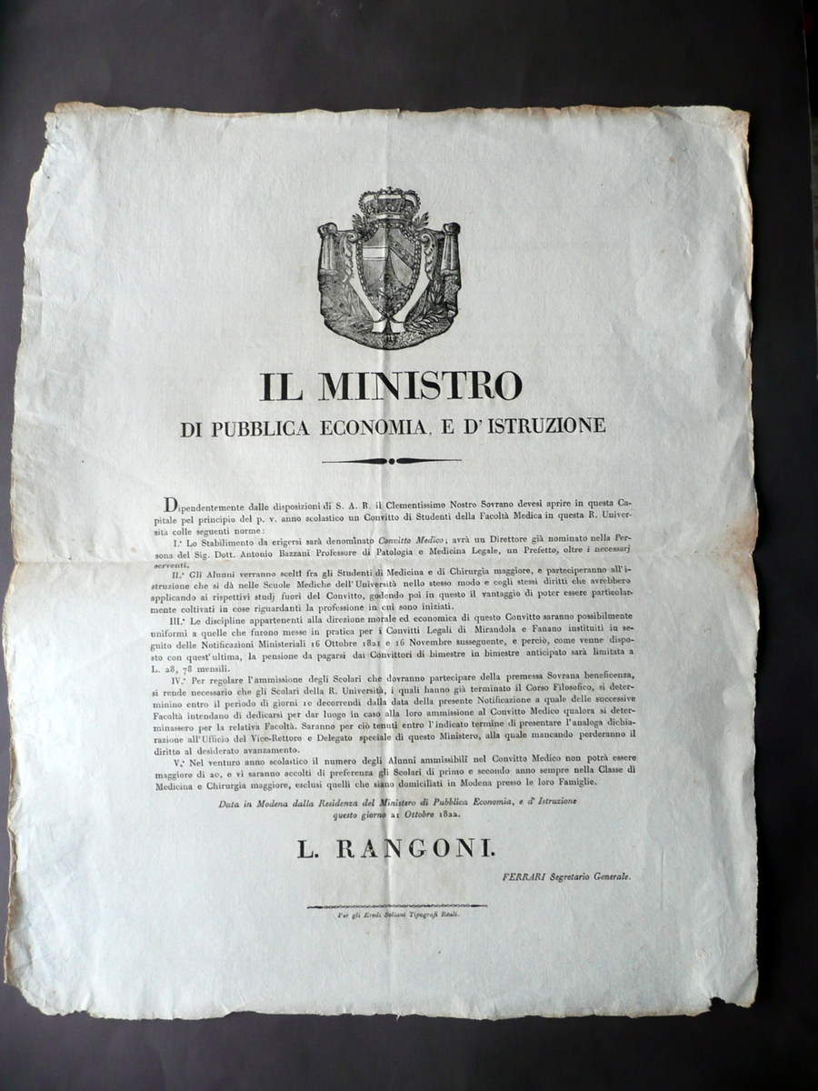 Notificazione Apertura Convitto Studenti Medicina Chirurgia Bazzani Modena 1822