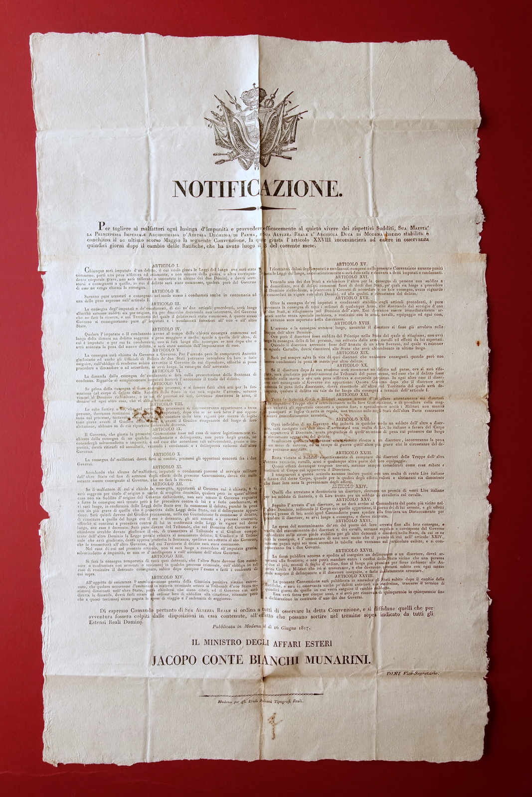 Notificazione Convenzione Duca di Modena Arciduchessa di Parma Disertori 1817