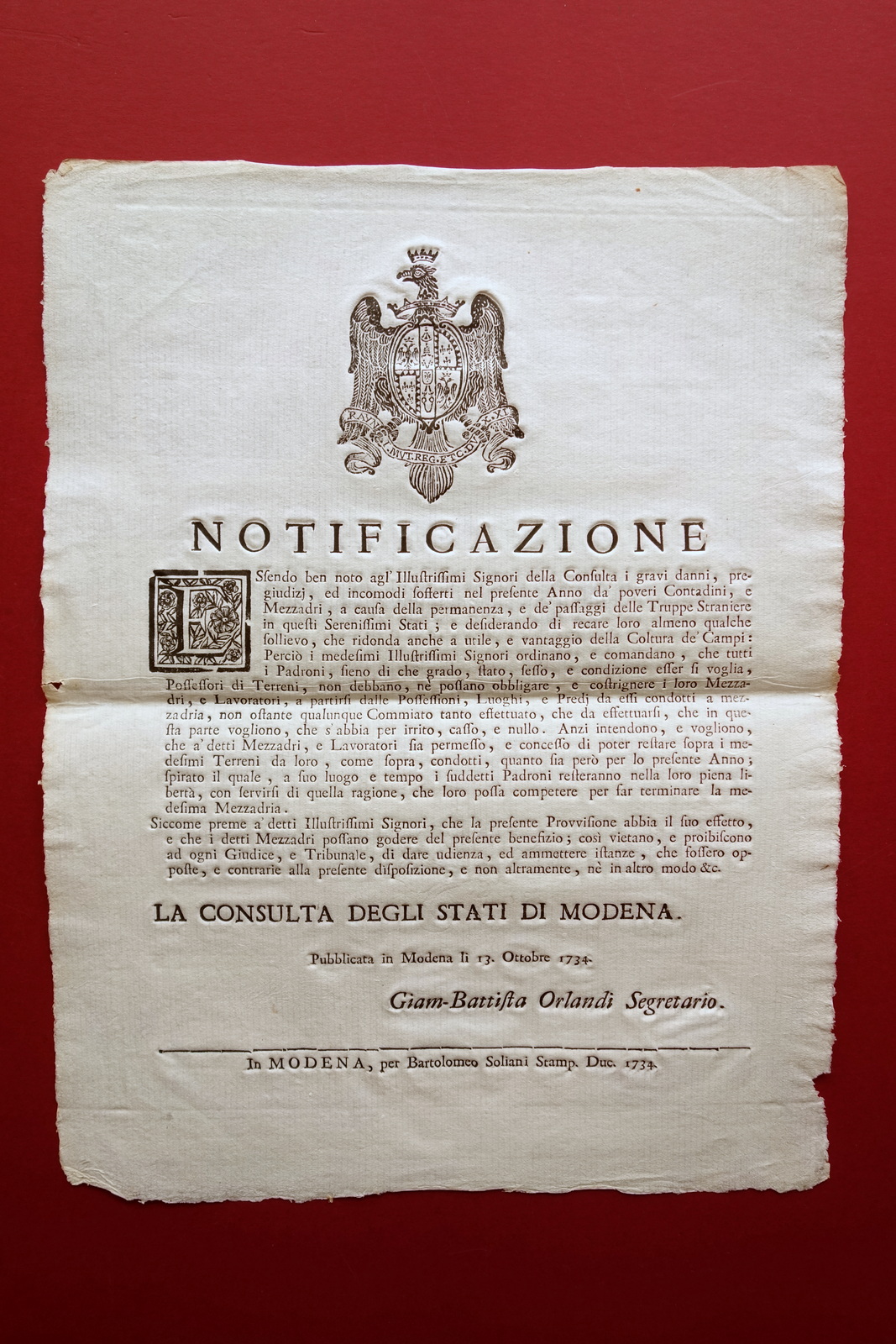 Notificazione Danni ai Campi Passaggio Truppe Straniere Disposizioni Modena 1734