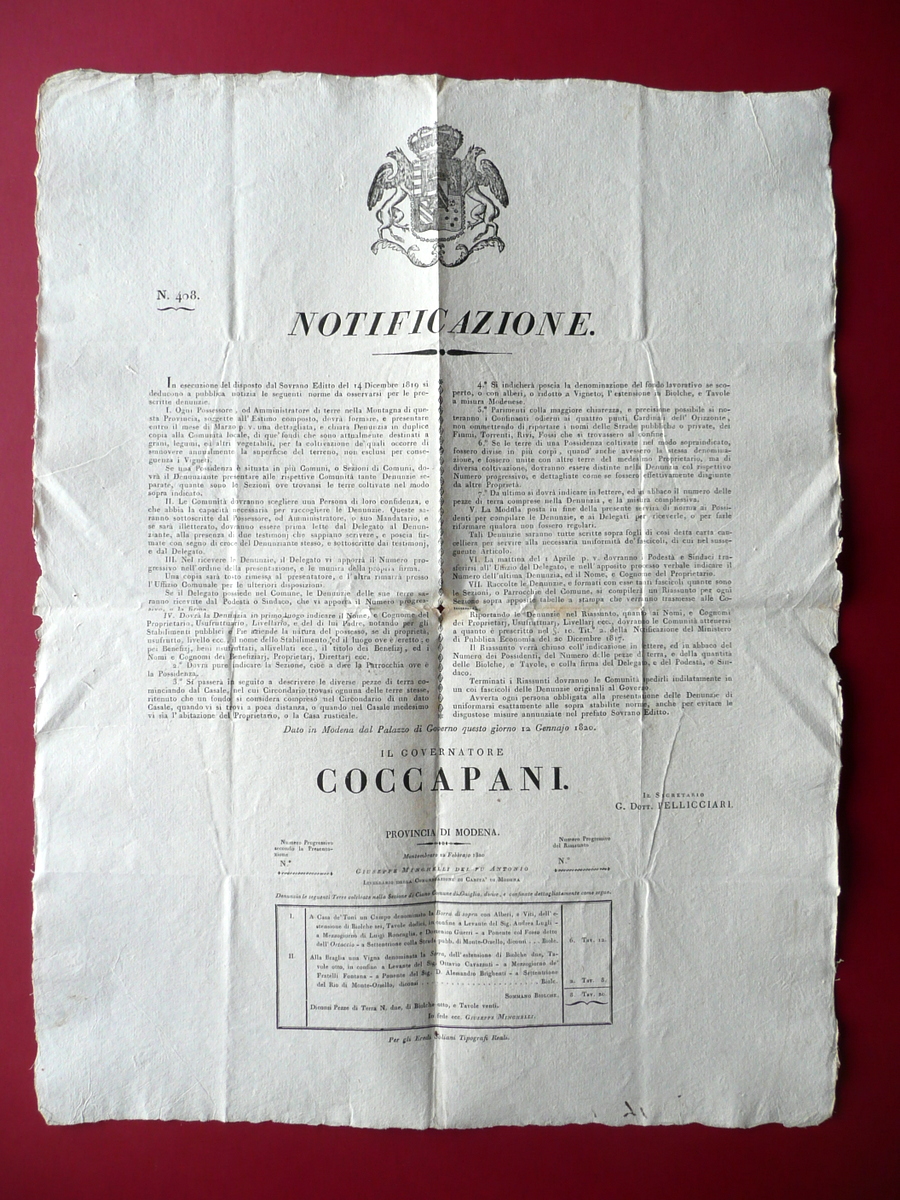 Notificazione Denuncia Terreni Grani Legumi Vigneti Borra di Sopra La …