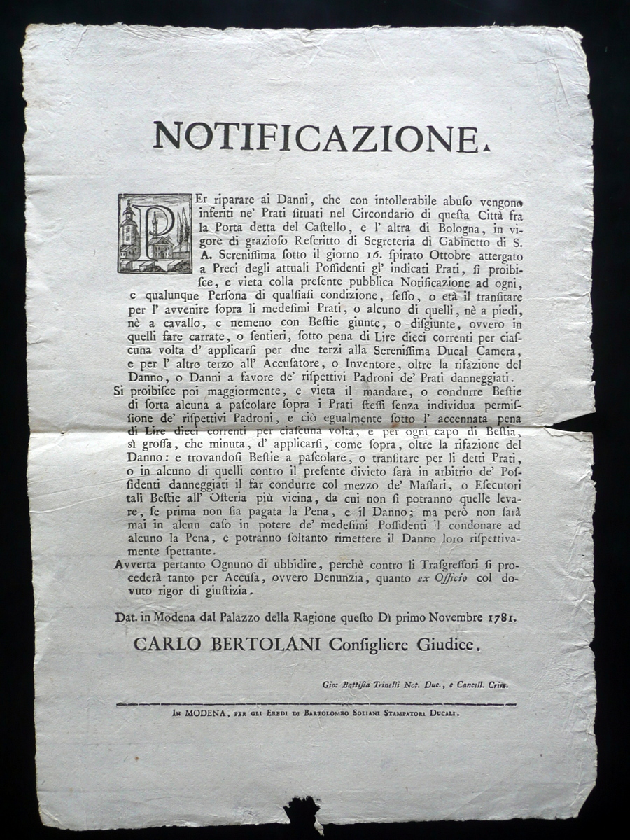 Notificazione Modena Danni Prati di Porta Castello Bologna Divieto Pascolo …