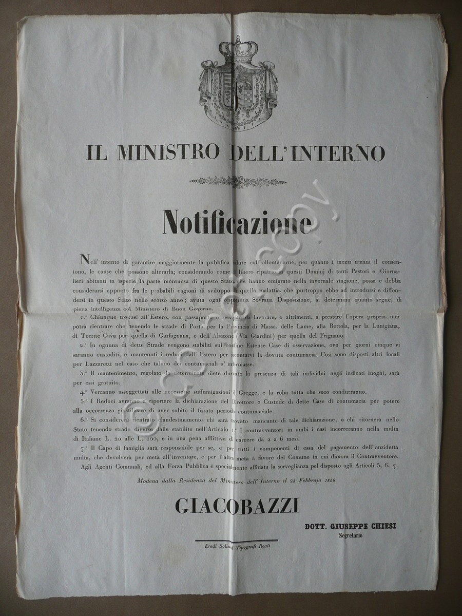 Notificazione Modena Pastori Giornalieri Strade Ingresso Lazzaretti Soliani 1856