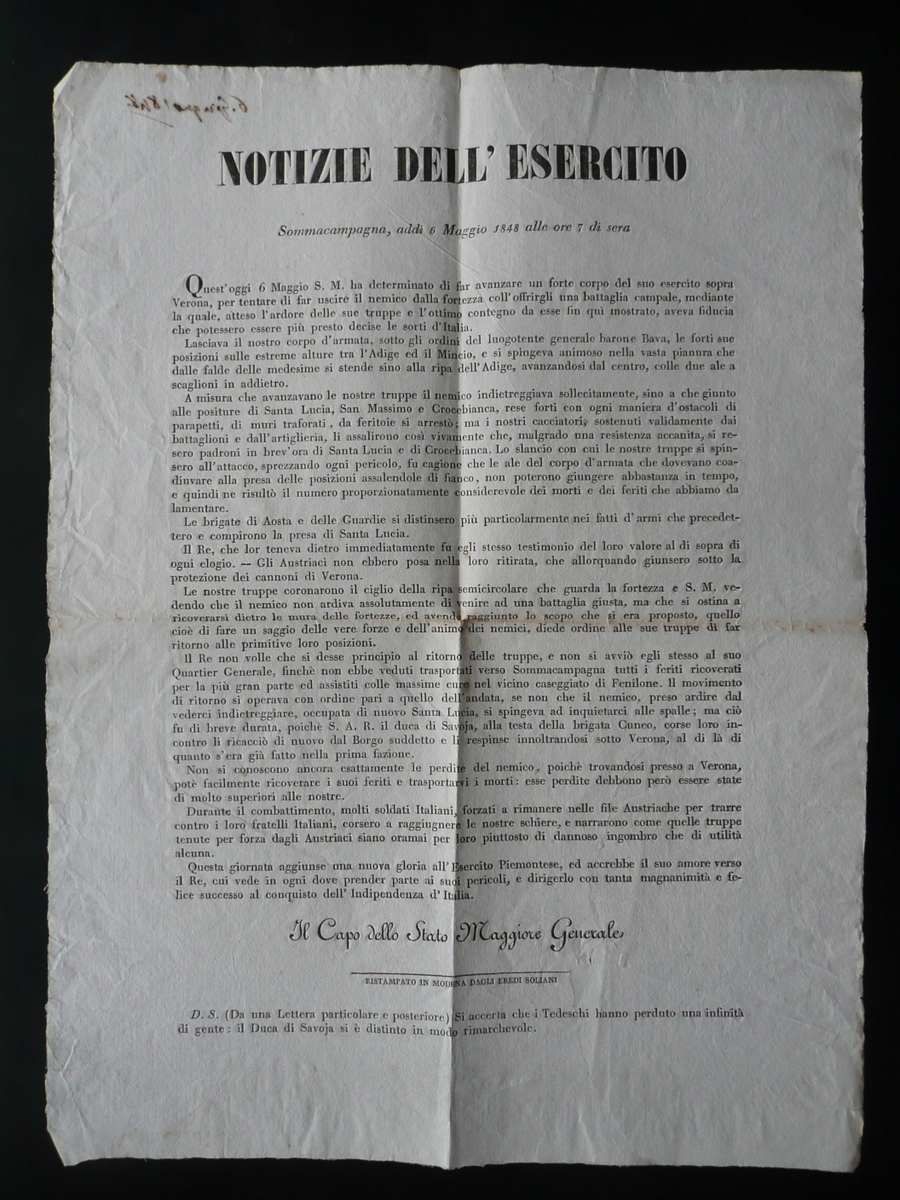 Notificazione Notizie dell'Esercito Sommacampagna 6/5/1848 Crocebianca Verona