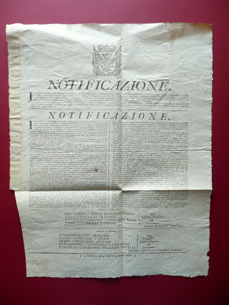 Notificazione Privativa Cappelli di Trucciolo Contrabbando Carpi Modena 1800