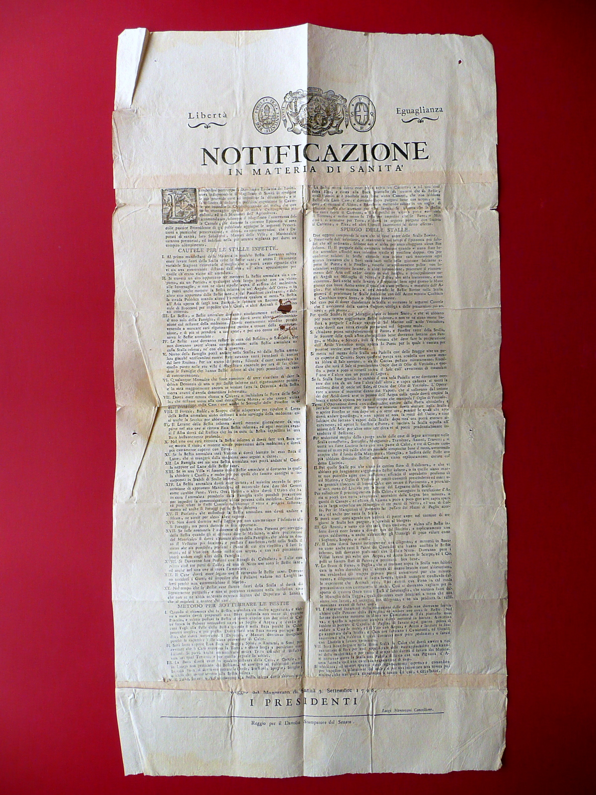 Notificazione Sanit‡ Epidemia Bovina Stalle Infette Disinfezione Reggio E. 1796