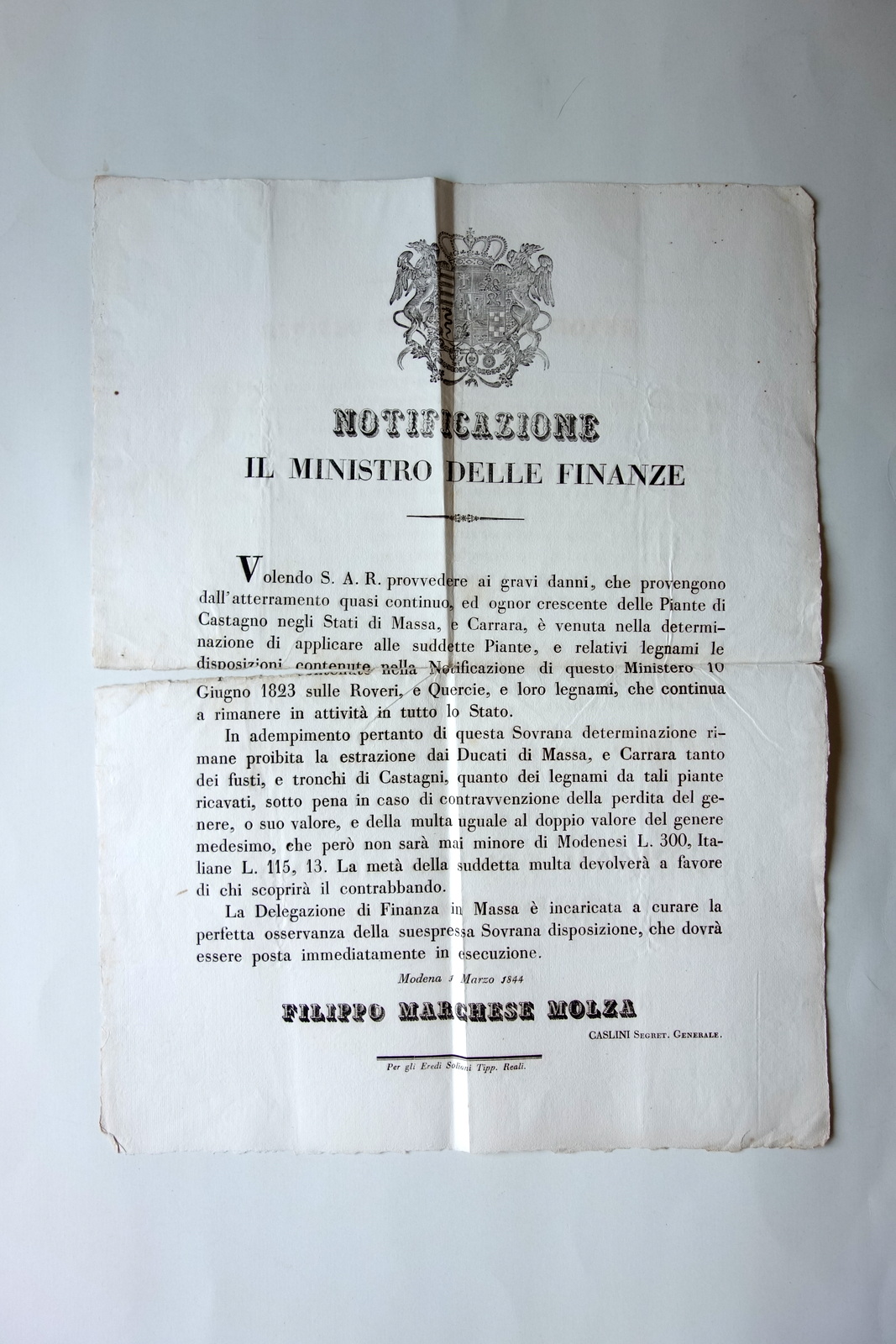 Notificazione Stati Estensi Norme Abbattimento Castegno Massa e Carrara 1844