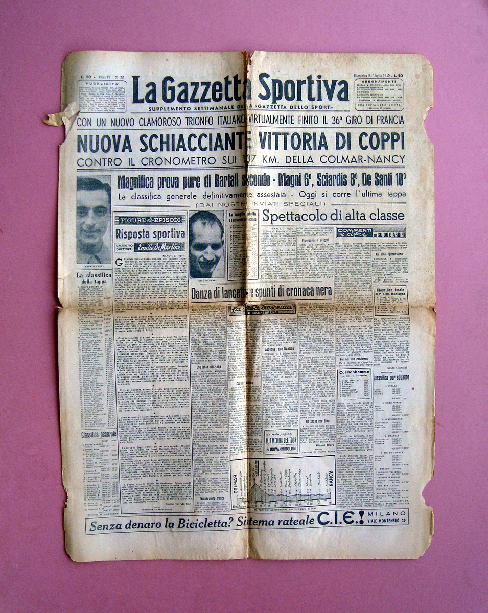 Nuova Schiacciate vittoria Coppi La gazzetta Sportiva 24/71949 36°GIro Francia