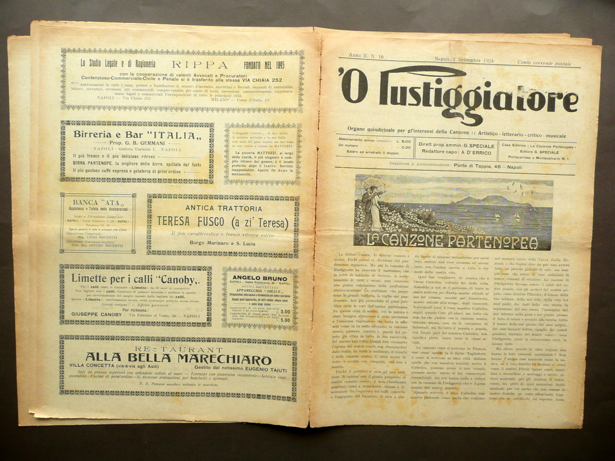 'O Pustiggiatore Anno II Num. 14 Napoli 1/9/1924 Spartito La …