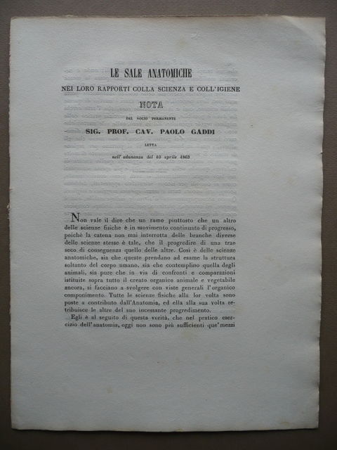 Paolo Gaddi Sale Anatomiche Rapporti Scienza Igiene Medicina 1863 Struttura