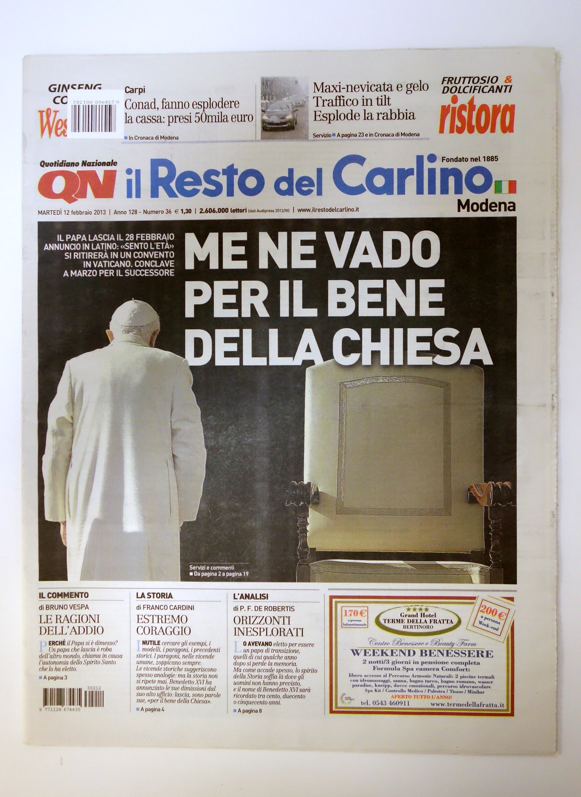 PAPA BENEDETTO XVI RATZINGER DIMISSIONI IL RESTO DEL CARLINO 12/2/2013 …