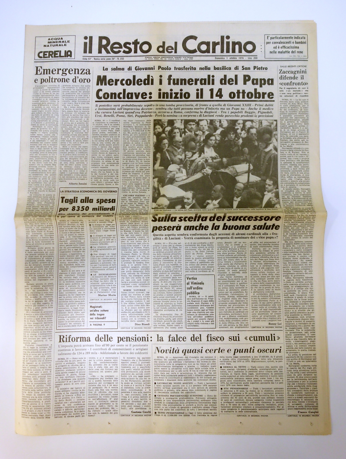 PAPA LUCIANI GIOVANNI PAOLO MORTE FUNERALI IL RESTO DEL CARLINO …