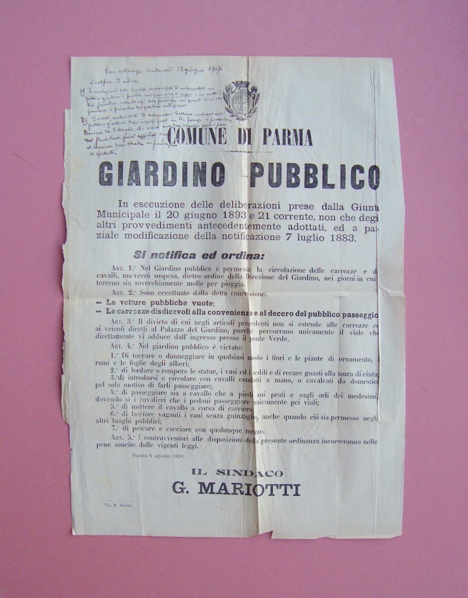 Parma 1894 Manifesto Comune Regolamento Giardino Pubblico+note integrative 1907