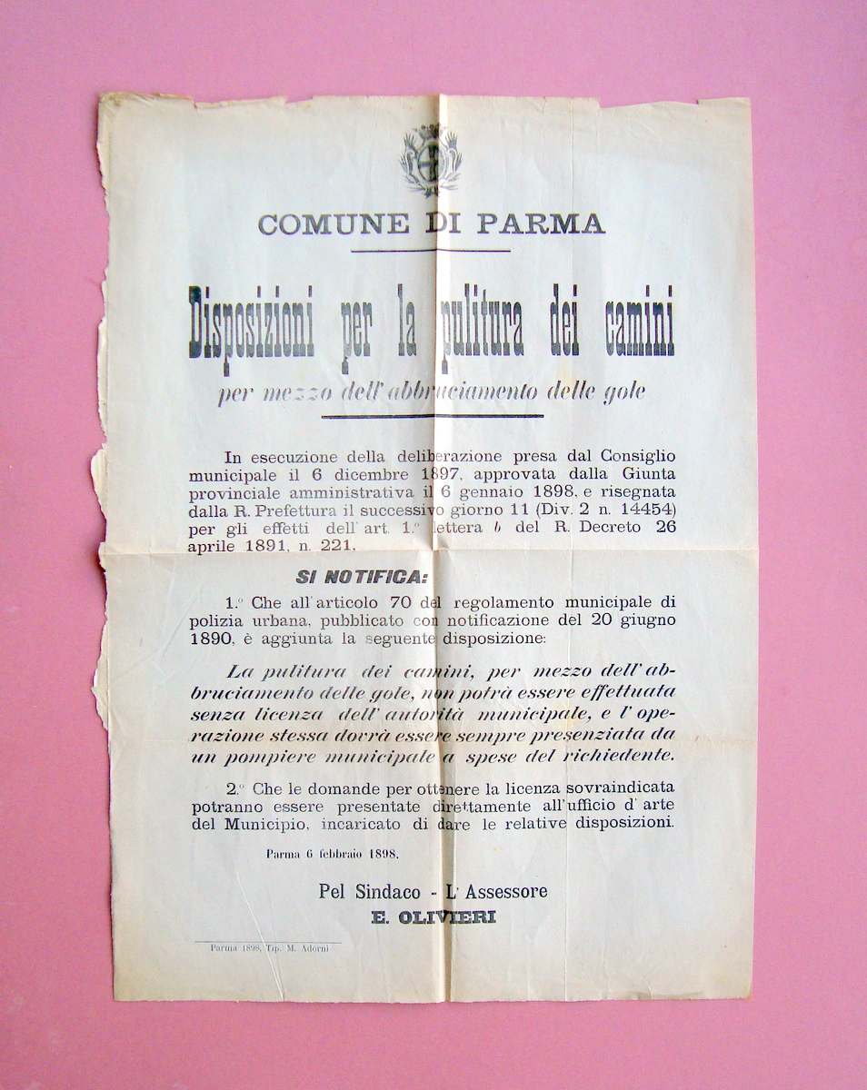 Parma 1898 Manifesto Comune Disposizioni pulizia camini presenziata da pompiere