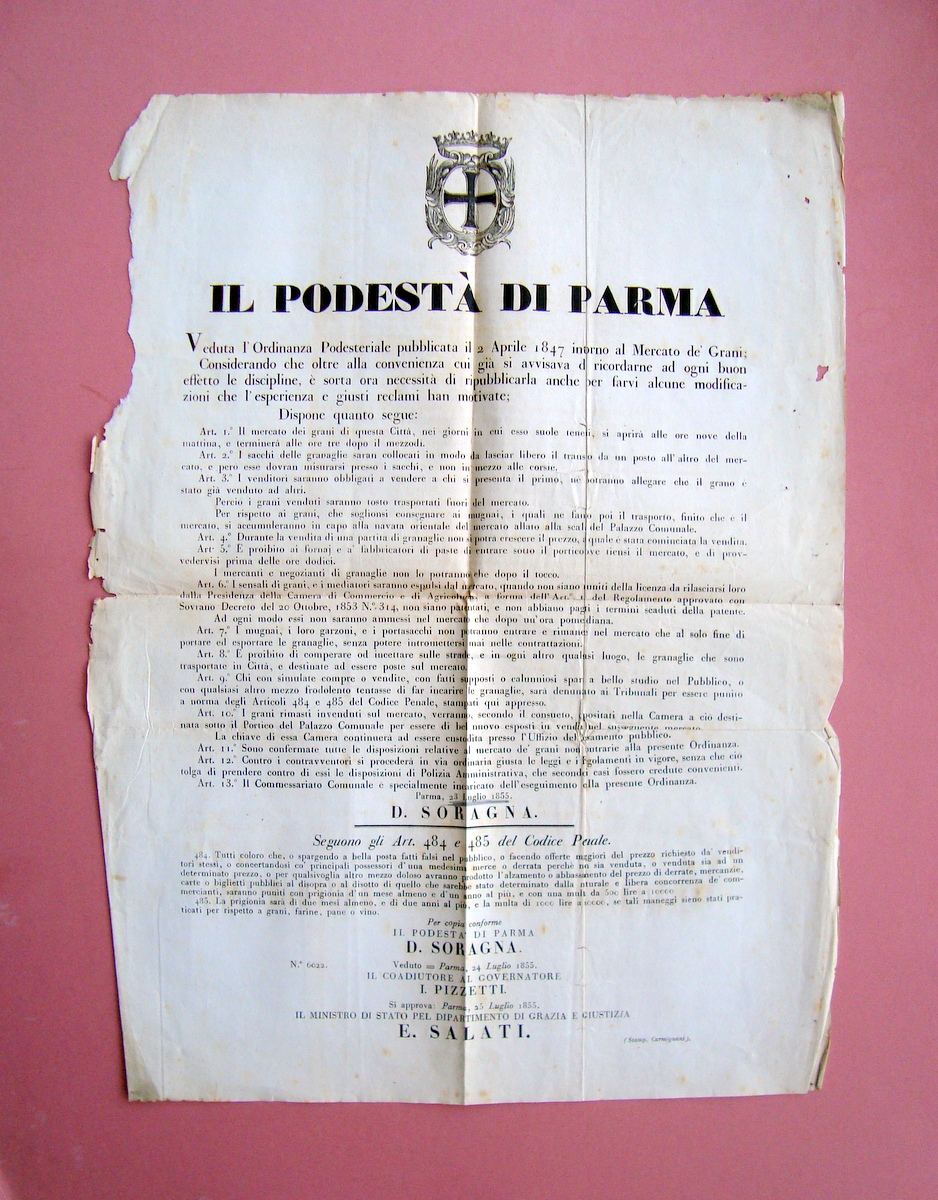 Parma 23 luglio 1855 Manifesto Regolamento mercato dei Grani Disposizioni …