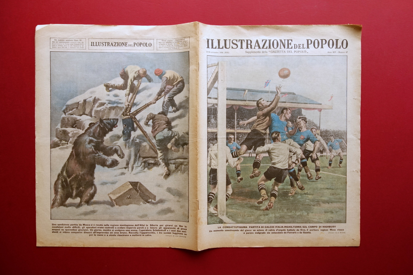 Partita di Calcio Italia Inghilterra Highbury 11/1934 Illustrazione del Popolo