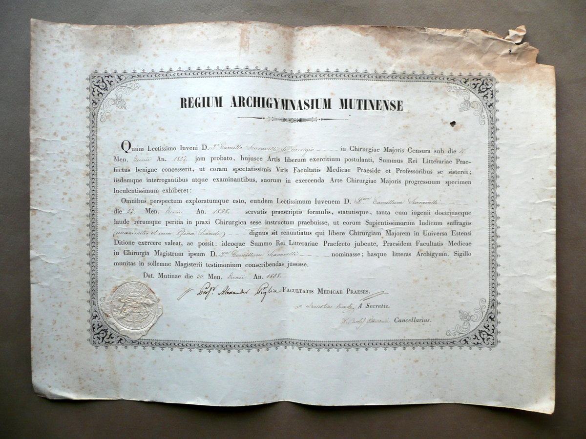 Patente Chirurgia Maggiore Scaravelli Correggio Universit‡ Estense Modena 1858