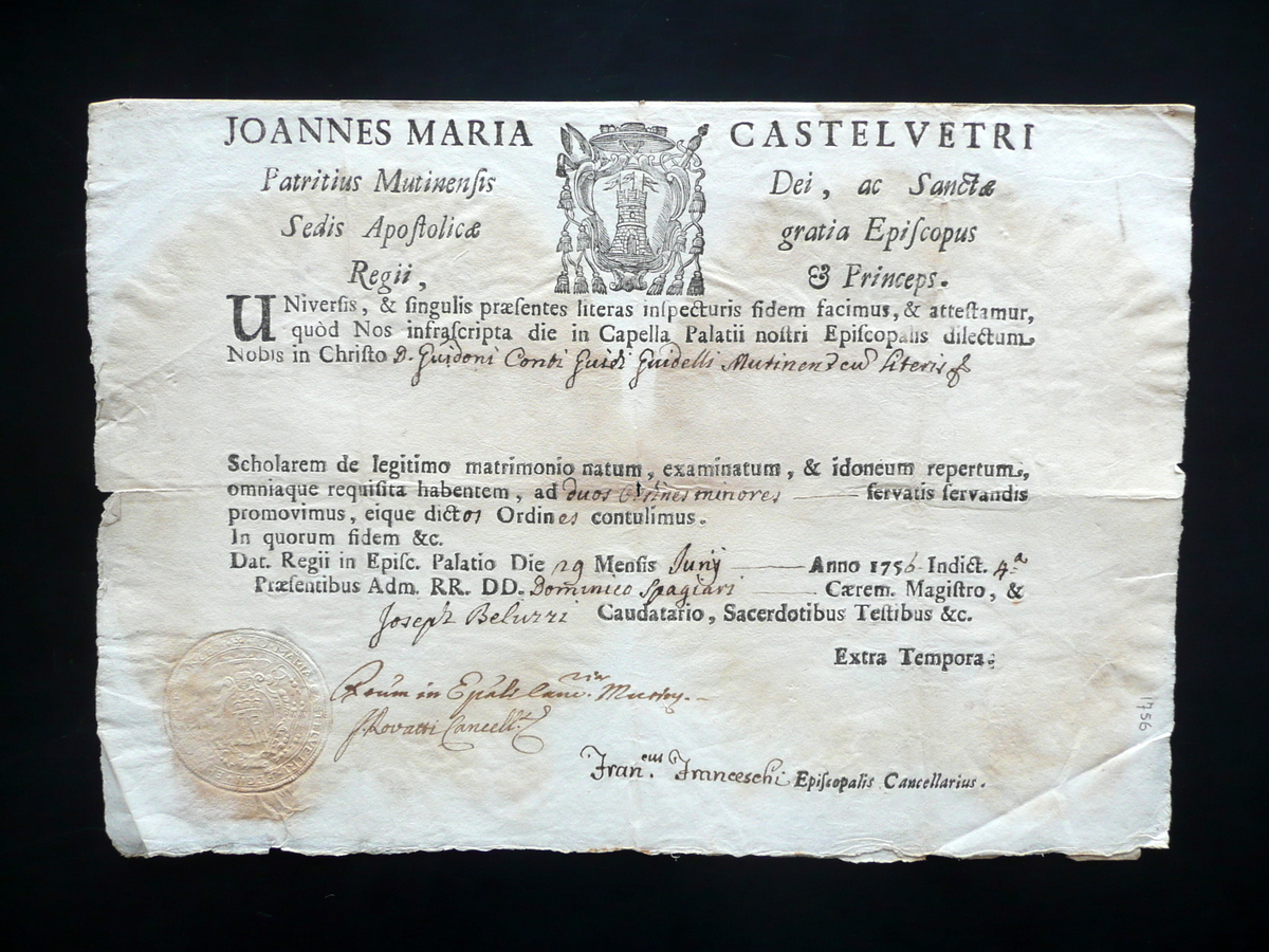Patente Giovanni Maria Castelvetro Vescovo Ordines Minores Modena 1756 Sigillo
