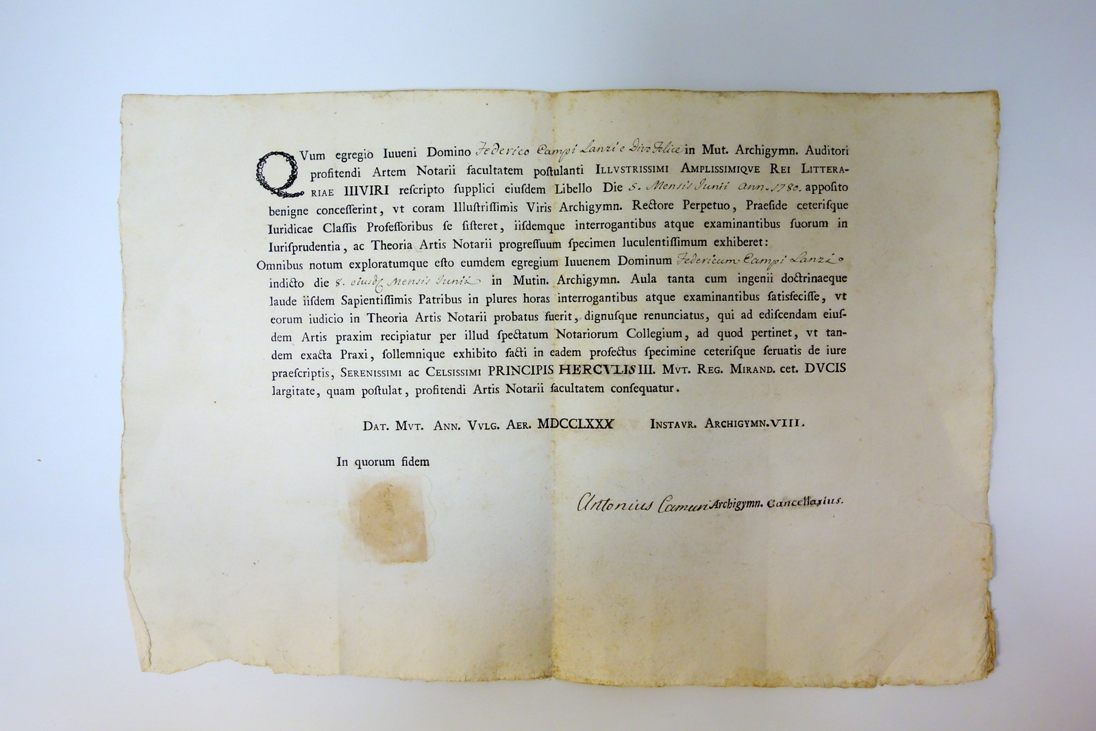 Patente Notarile Artem Notarii Mutinae Modena Archiginnasio 1780 Sigillo