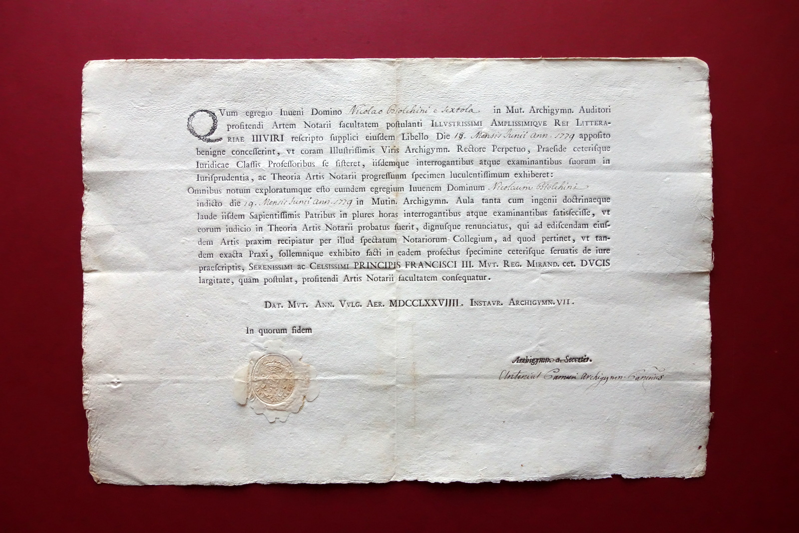 Patente Notarile Artis Notarii Giurisprudenza N. Biolchini Sestola Modena 1779