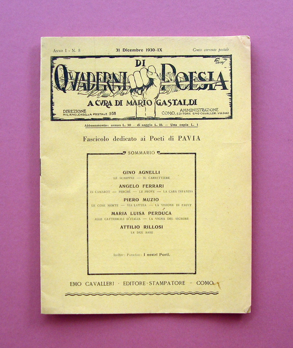 Pavia Quaderni di Poesia Anno I N 8 1930 fascicolo …