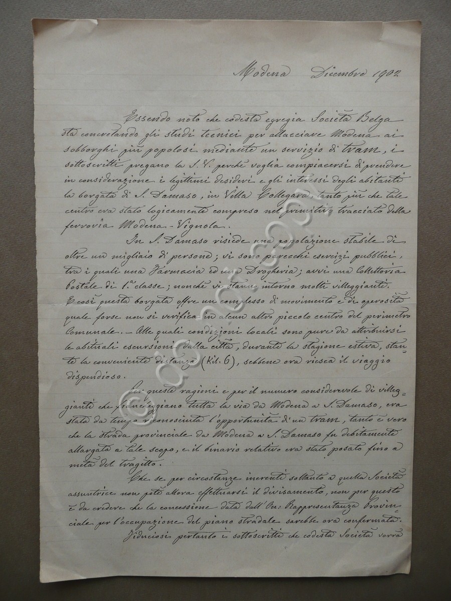 Petizione Manoscritta Dicembre 1902 Linea Tram Modena San Damaso Prof. …