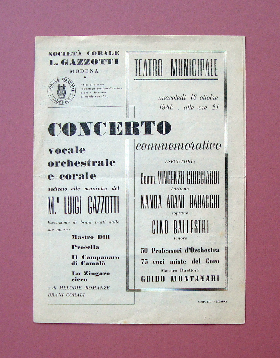 Pieghevole di sala Concerto M.Luigi Gazzotti 16/10/1946 Modena Teatro Municipale