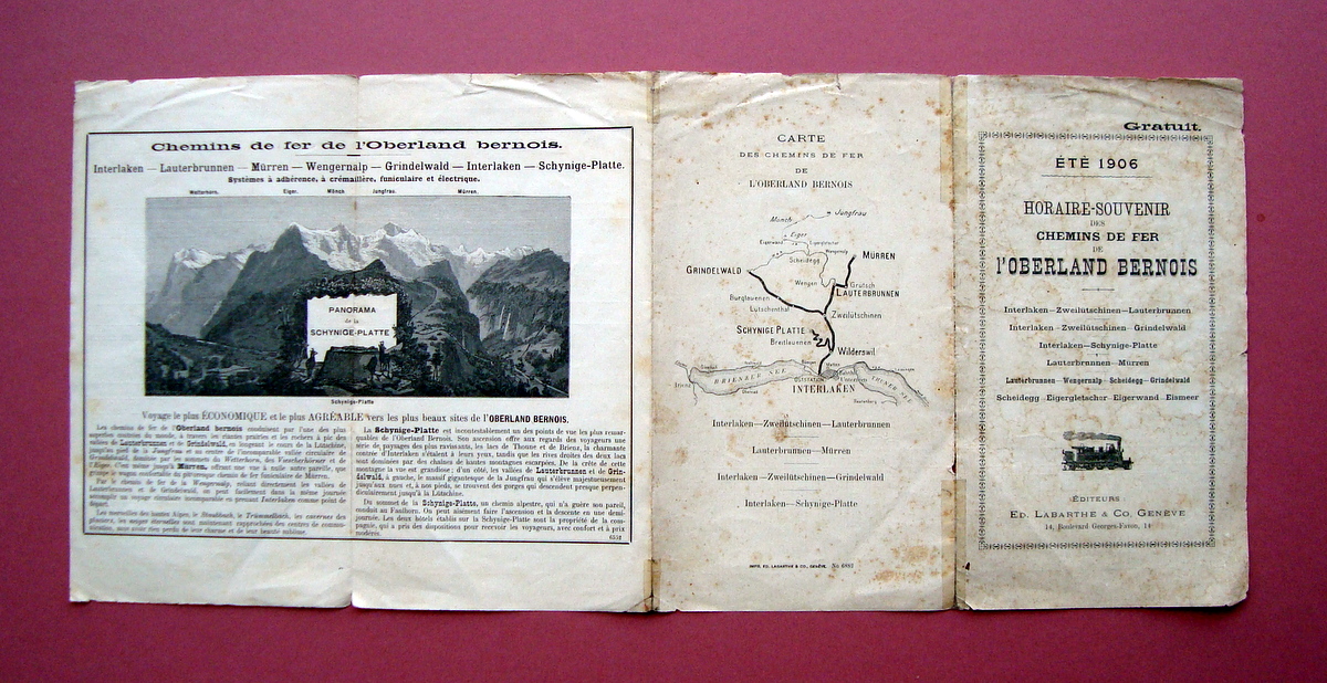 Pieghevole Horaire Souvenir 1906 Chemins de Fer Oberland Bernois Geneve