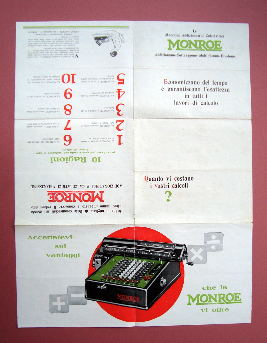 Pieghevole Manifesto calcolatrici Monroe Torino anni '20