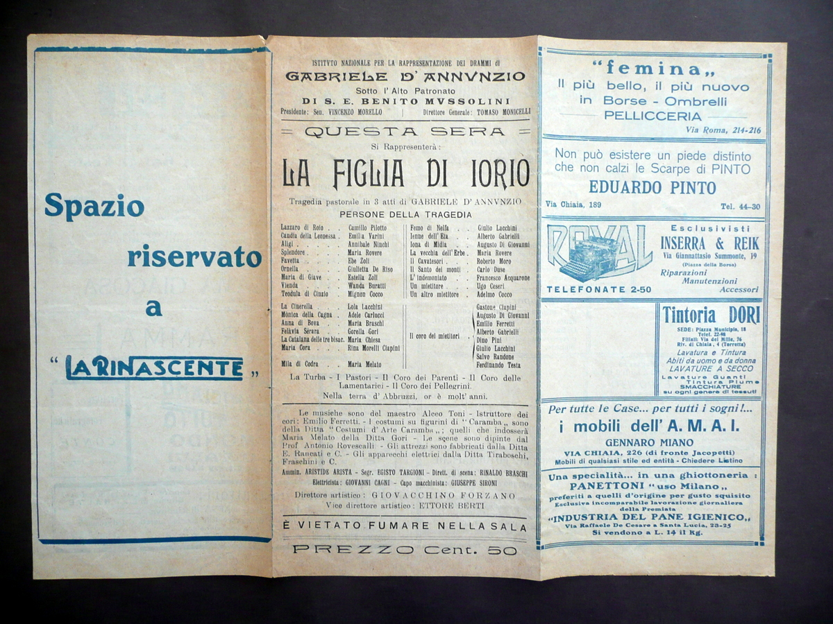 Pieghevole Politeama Giacosa Napoli 1928 La Figlia di Iorio D'Annunzio …