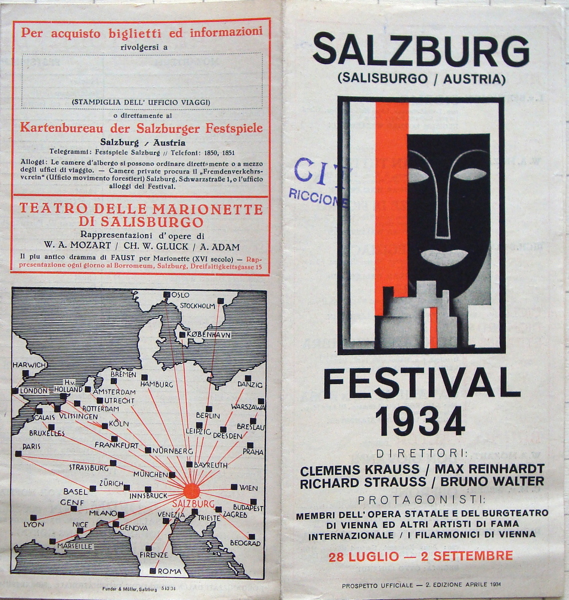 Pieghevole turistico SALZBURG Austria Festival 1934 Opera Krauss Strauss Walter