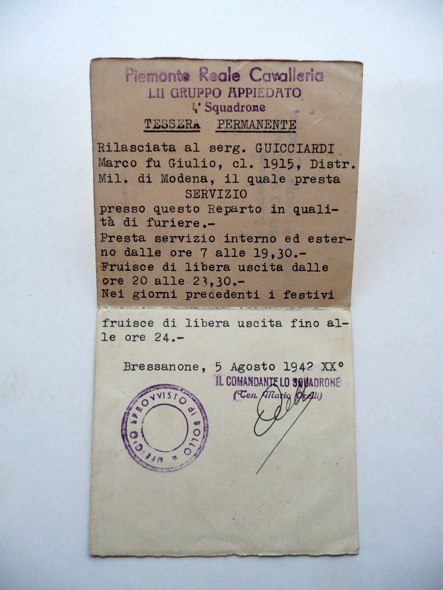 Piemonte Reale Cavalleria LII Gruppo Appiedato 4∞ Squadrone Tessera 1942 …