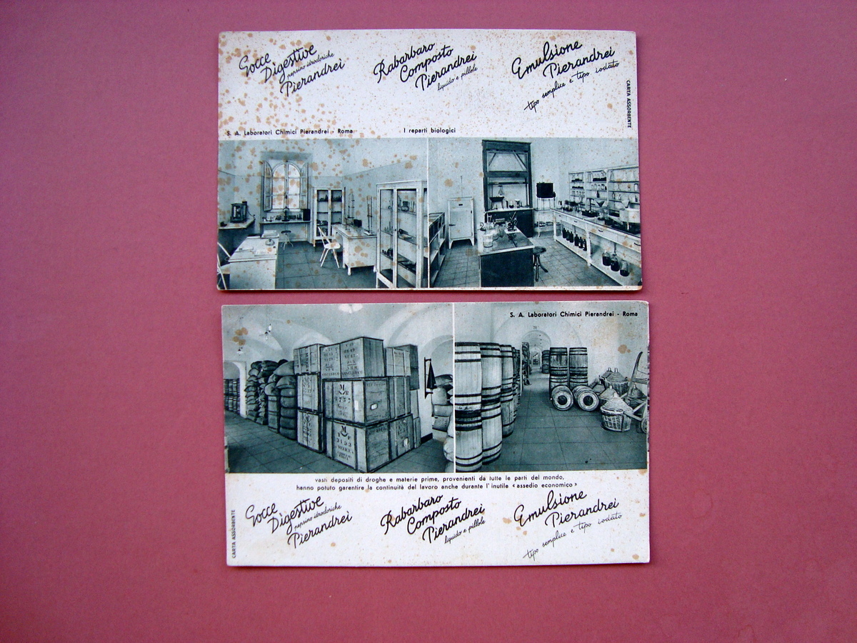 Pierandrei Gocce Digestive Rabarbaro Emulsioni 2 carte assorbenti anni'30 ca