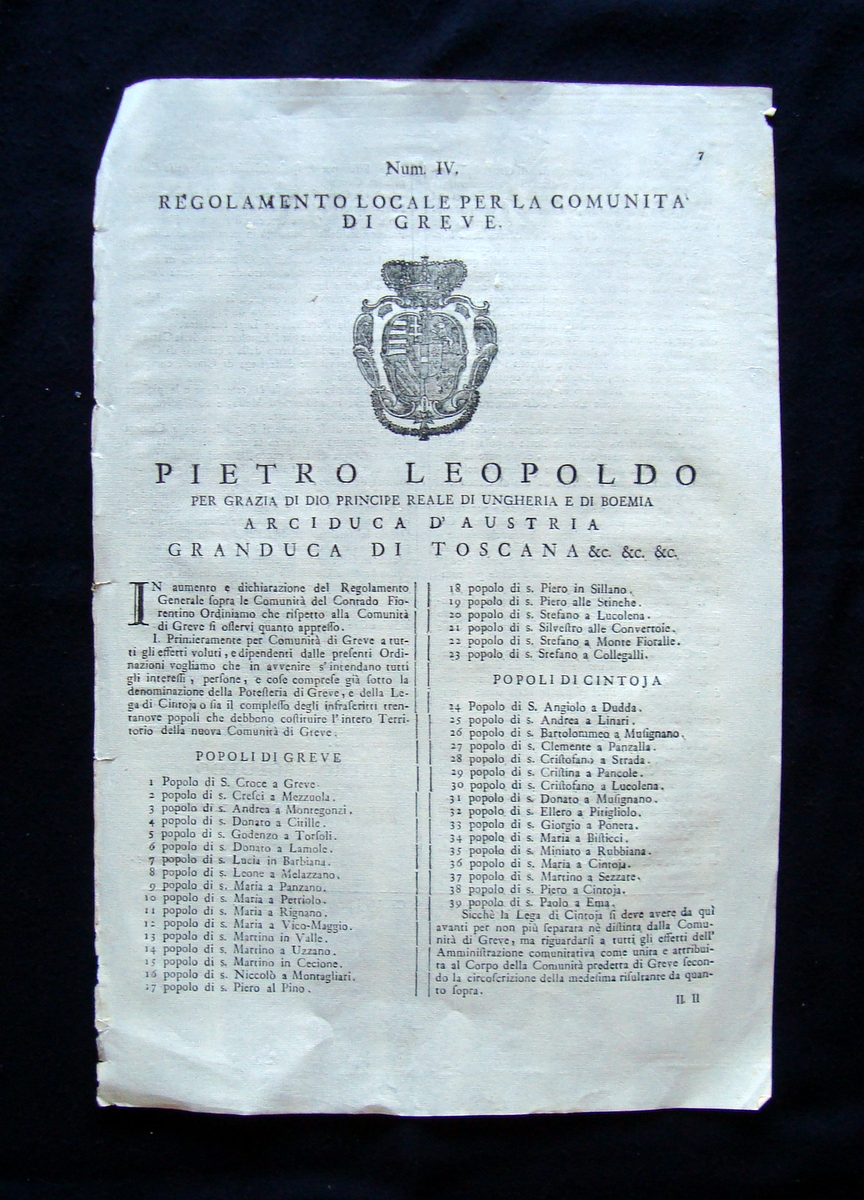 Pietro Leopoldo Num IV Regolamento per la Comunit‡ di Greve …