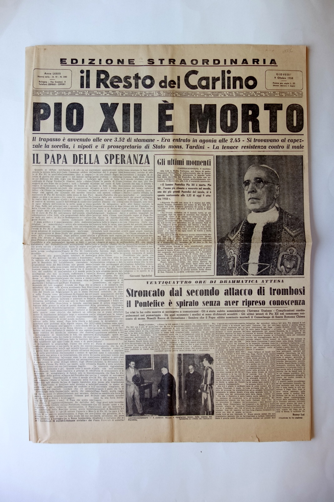 Pio XII Ë Morto Il Resto del Carlino edizione straordinaria …