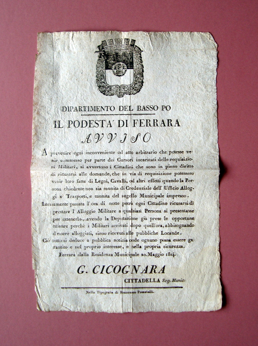 Podest‡ di Ferrara 1814 avviso requisizioni alloggi militari Dip. Basso …