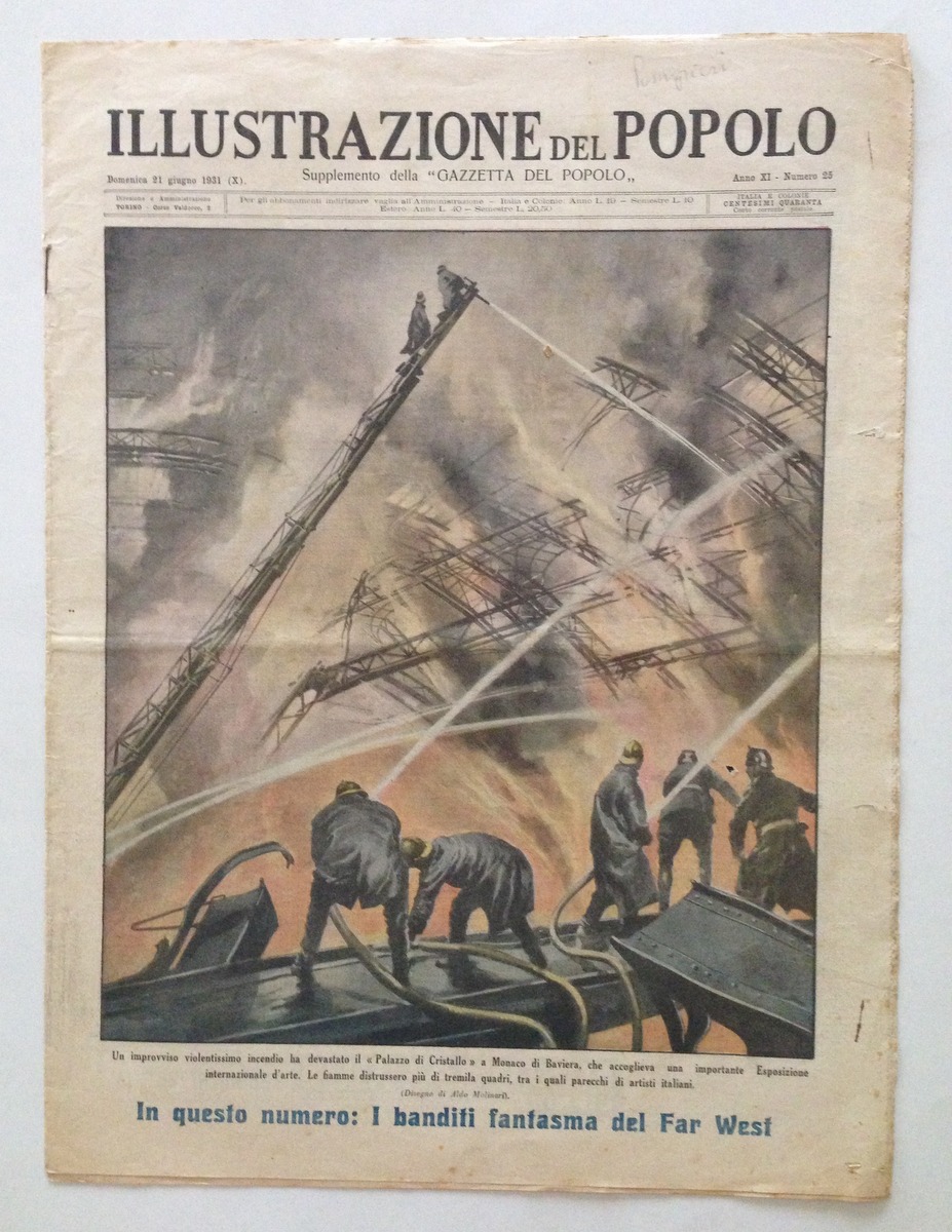 Pompieri Incendio Palazzo Cristallo Monaco Illustrazione del Popolo Giugno 1931